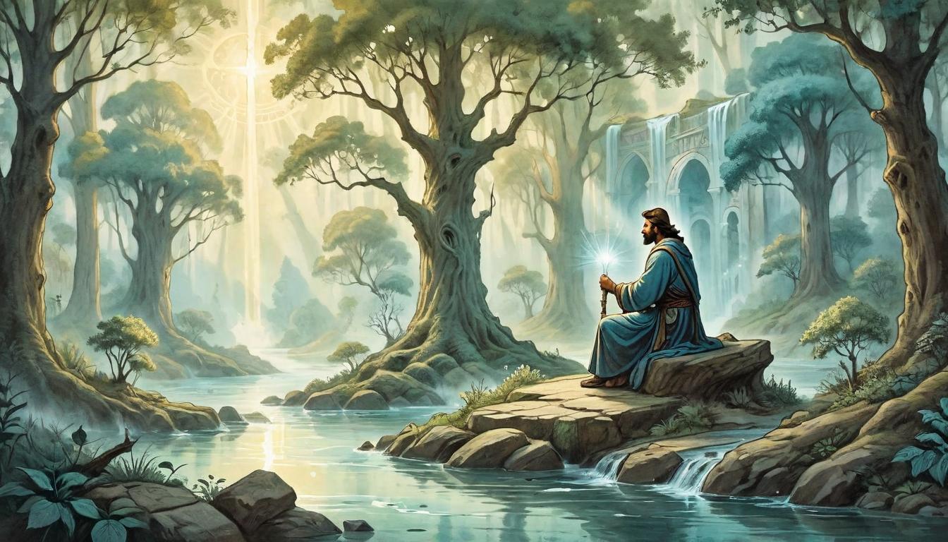  on parchment, surrealism+++, A figure kneeling in a peaceful outdoor sanctuary, surrounded by ancient trees and flowing water, light beams breaking through foliage, serene, sacred, enlightening(mysterious, provocative, symbolic,muted color)+++