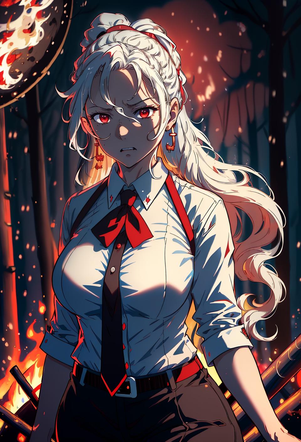  ((trending, highres, masterpiece, cinematic shot)), 1girl, mature, female business attire, large, campfire scene, very long curly white hair, short ponytail,  red eyes, doting personality, angry expression, tanned skin, magical, observant