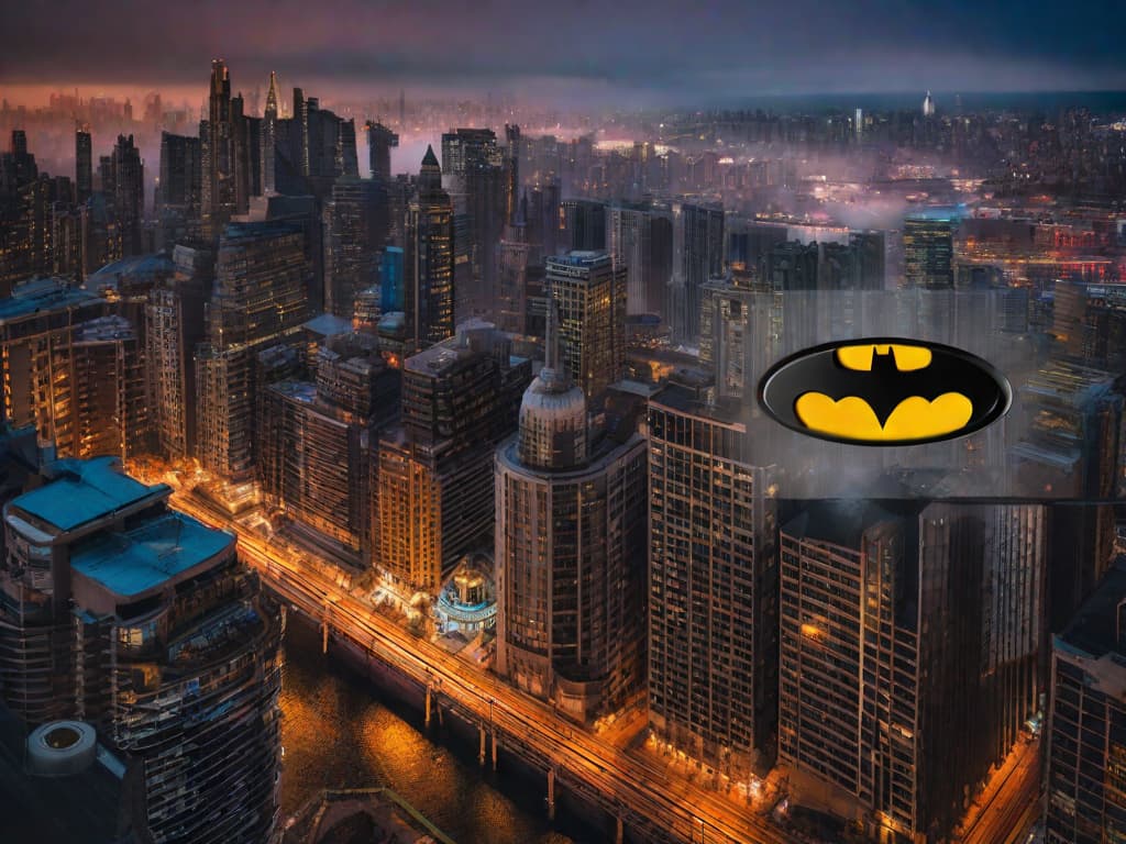  A dark and moody image of the Gotham City skyline at night, with the Bat-Signal shining brightly in the sky. The silhouette of Batman can be seen perched on a rooftop, overlooking the city, ready to embark on another night of crime-fighting and justice-seeking.digital art, ilustration hyperrealistic, full body, detailed clothing, highly detailed, cinematic lighting, stunningly beautiful, intricate, sharp focus, f/1. 8, 85mm, (centered image composition), (professionally color graded), ((bright soft diffused light)), volumetric fog, trending on instagram, trending on tumblr, HDR 4K, 8K