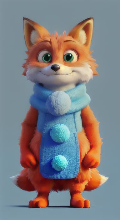  {Error the fox pressing the blue button with his paw, looking puzzled as nothing occurs., Error is a small, bright orange fox with a fluffy tail and big, inquisitive eyes. He has a mischievous yet kind expression and wears a tiny green scarf.