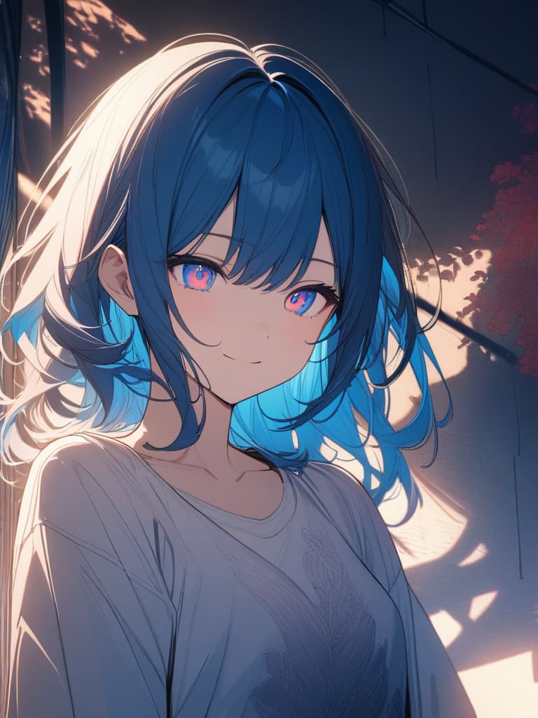  a beautiful blue haired girl,long messy hair,ultra detailed,deep shadow,beautiful detailed deep rainbow eyes,cute and beautiful face,shy smile,white shirt,upper body view,colorful,(masterpiece:1.2),(best quality:1.2),detailed background,high contrast,(best illumination,an extremely delicate and beautiful),((cinematic light)),hyper detail,dramatic light,intricate details,8k,anime,very aesthetic,, masterpiece, best quality,8k,ultra detailed,high resolution,an extremely delicate and beautiful,hyper detail