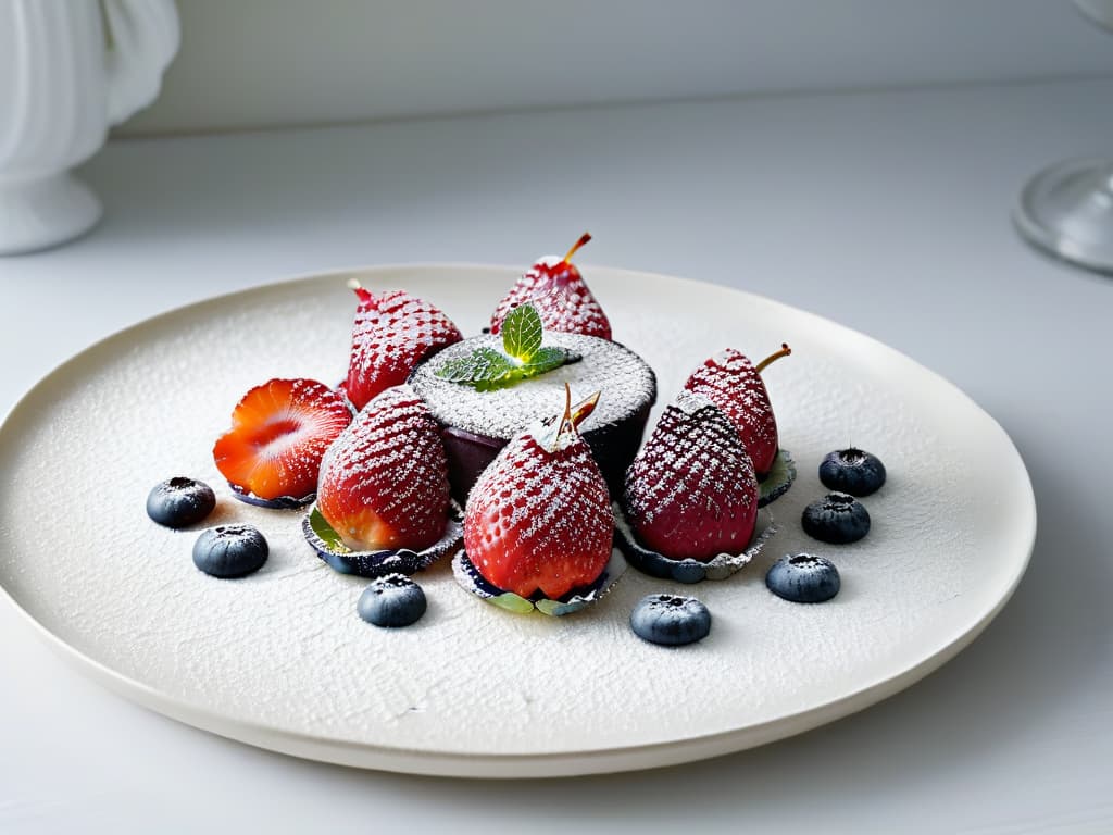  A minimalistic image of a beautifully plated lowcalorie dessert, featuring vibrant berries, a drizzle of light sauce, and a sprinkle of powdered sugar on a sleek, modern white plate. The dessert is elegantly garnished with a single mint leaf for a pop of color, set against a clean, uncluttered background to emphasize its simplicity and sophistication. hyperrealistic, full body, detailed clothing, highly detailed, cinematic lighting, stunningly beautiful, intricate, sharp focus, f/1. 8, 85mm, (centered image composition), (professionally color graded), ((bright soft diffused light)), volumetric fog, trending on instagram, trending on tumblr, HDR 4K, 8K