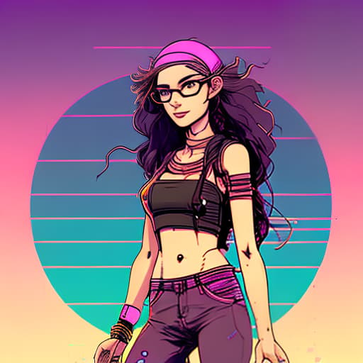 nvinkpunk A girl with long, curly brown hair, a round face, and brown eyes. She wears glasses and wears a keffiyeh on her head and wears pink pant and purple top