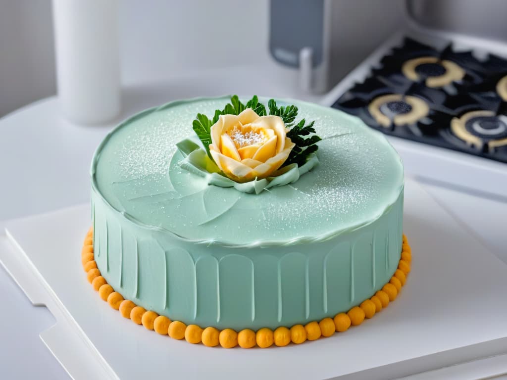  A closeup, ultradetailed image of a perfectly frosted cake with intricate piping designs on top, set on a sleek, modern induction cooktop. The cake is a multilayered creation with vibrant colors and exquisite details, showcasing the precision and artistry that can be achieved in pastrymaking with the use of advanced induction technology. hyperrealistic, full body, detailed clothing, highly detailed, cinematic lighting, stunningly beautiful, intricate, sharp focus, f/1. 8, 85mm, (centered image composition), (professionally color graded), ((bright soft diffused light)), volumetric fog, trending on instagram, trending on tumblr, HDR 4K, 8K