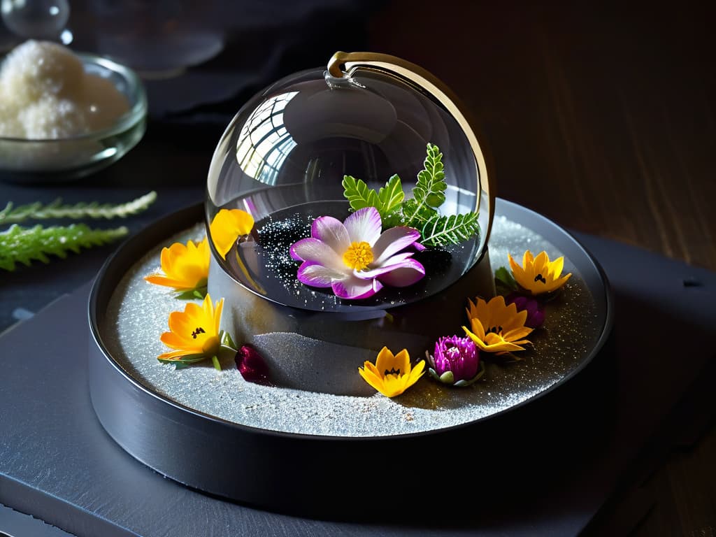  An elaborate molecular gastronomy dessert presentation featuring a delicate sphere of transparent sugar encasing a miniature garden of edible flowers and herbs, suspended above a bed of shimmering silver dust on a black slate plate. The scene is illuminated by a soft spotlight, casting intricate shadows of the intricate dessert creation onto the plate, creating a mesmerizing and futuristic culinary display. hyperrealistic, full body, detailed clothing, highly detailed, cinematic lighting, stunningly beautiful, intricate, sharp focus, f/1. 8, 85mm, (centered image composition), (professionally color graded), ((bright soft diffused light)), volumetric fog, trending on instagram, trending on tumblr, HDR 4K, 8K