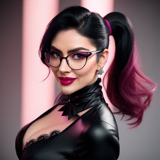  sexy vampire woman, black fuchsia ponytail hair, pink eyes, eyeliner, long eyelashes, pink lips, black eyeshadow, glasses a smile hyperrealistic, full body, detailed clothing, highly detailed, cinematic lighting, stunningly beautiful, intricate, sharp focus, f/1. 8, 85mm, (centered image composition), (professionally color graded), ((bright soft diffused light)), volumetric fog, trending on instagram, trending on tumblr, HDR 4K, 8K