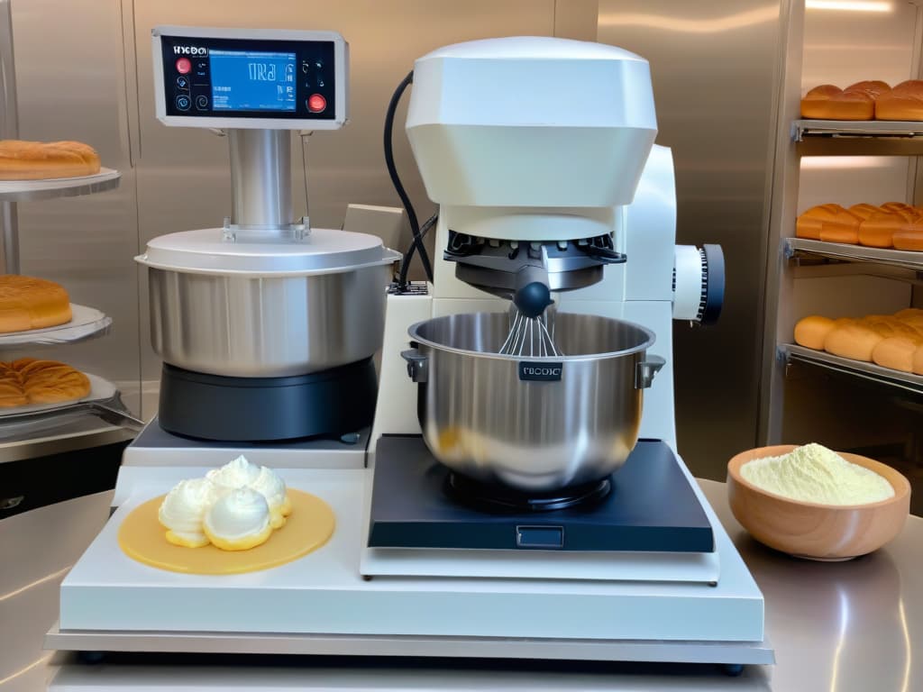  A highresolution, photorealistic image of a sleek, futuristic robot mixer in a professional bakery setting. The robot mixer is elegantly designed with shiny metallic surfaces, digital displays showing precise measurements, and various attachments for mixing different types of dough and creams. It is surrounded by an array of fresh ingredients like flour, eggs, and butter, all beautifully arranged in the background. The lighting is soft, highlighting the intricate details of the machine and creating a sense of innovation and precision in the art of baking. hyperrealistic, full body, detailed clothing, highly detailed, cinematic lighting, stunningly beautiful, intricate, sharp focus, f/1. 8, 85mm, (centered image composition), (professionally color graded), ((bright soft diffused light)), volumetric fog, trending on instagram, trending on tumblr, HDR 4K, 8K