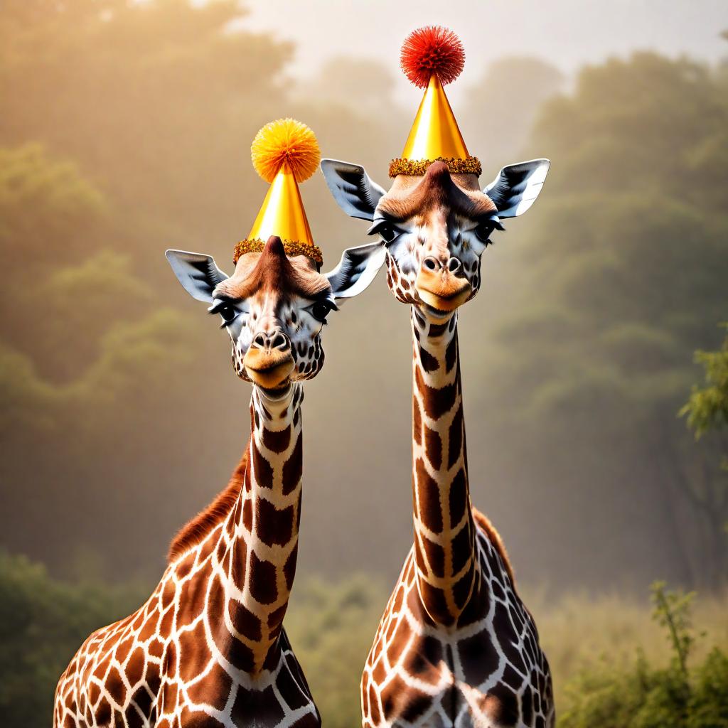  Anthropomorphic giraffes wearing party hats, with a hyperrealistic, full body, detailed clothing, highly detailed, cinematic lighting, stunningly beautiful, intricate, sharp focus, f/1. 8, 85mm, (centered image composition), (professionally color graded), ((bright soft diffused light)), volumetric fog, trending on instagram, trending on tumblr, HDR 4K, 8K