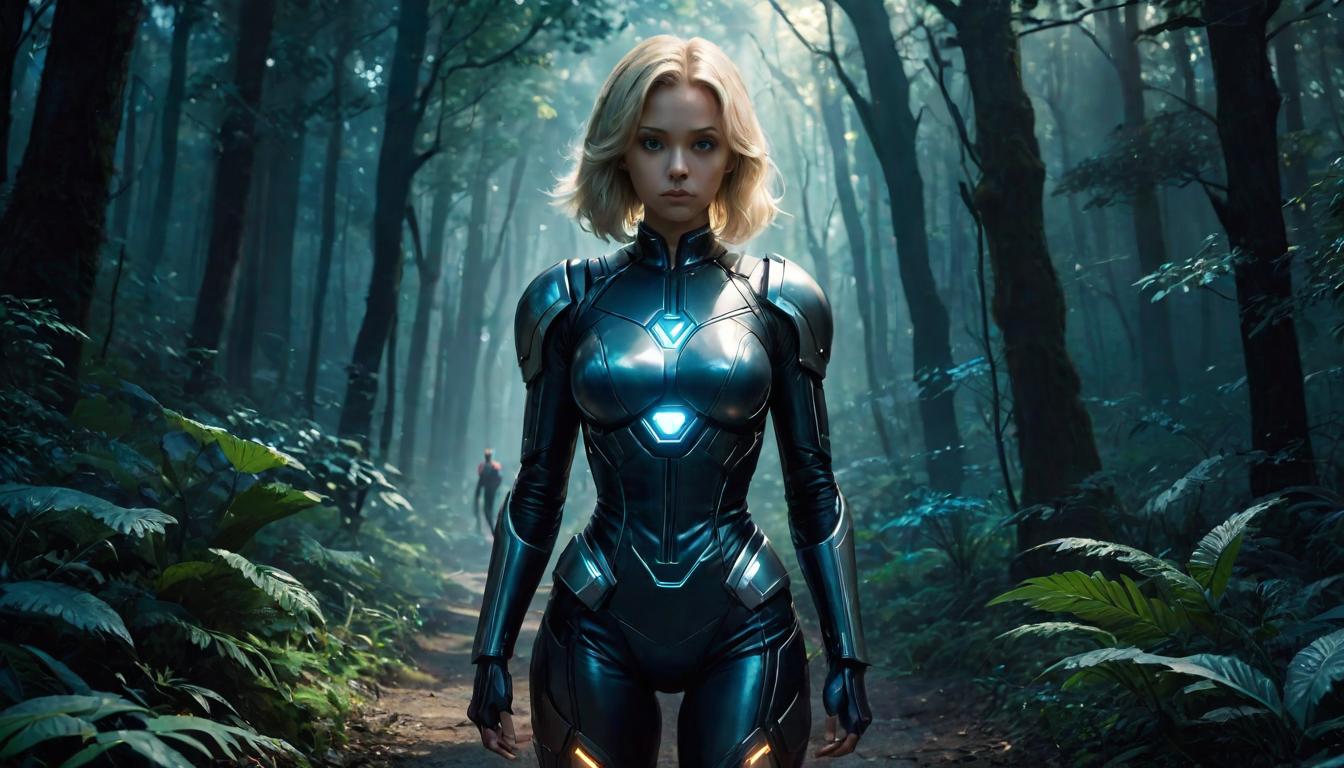  1girl, large busted attractive Arian blonde, at a crossroads in a dense forest, lantern illuminating the path, contemplative, high tech clothing clad in sleek, futuristic costume with metallic accents and form fitting designs, marvel superhero comics style, unreal engine rendering