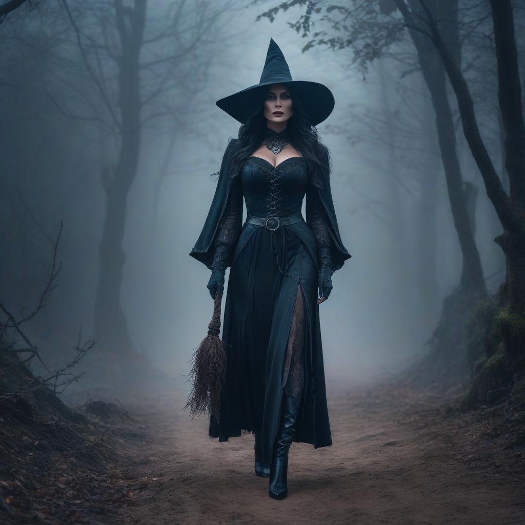  Evil witch young hyperrealistic, full body, detailed clothing, highly detailed, cinematic lighting, stunningly beautiful, intricate, sharp focus, f/1. 8, 85mm, (centered image composition), (professionally color graded), ((bright soft diffused light)), volumetric fog, trending on instagram, trending on tumblr, HDR 4K, 8K