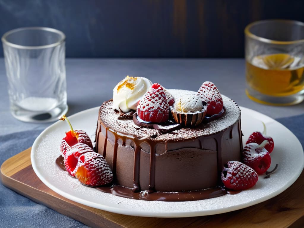  An ultradetailed photorealistic image of a deconstructed chocolate lava cake, showcasing layers of rich chocolate cake, oozing molten chocolate, a scoop of creamy vanilla ice cream, scattered fresh raspberries, and a dusting of powdered sugar on a sleek, modern white plate set against a dark, moody background. The textures of the dessert are incredibly lifelike, with the glossy chocolate appearing almost liquid and the raspberries glistening with freshness, inviting the viewer to indulge in this decadent and innovative dessert trend. hyperrealistic, full body, detailed clothing, highly detailed, cinematic lighting, stunningly beautiful, intricate, sharp focus, f/1. 8, 85mm, (centered image composition), (professionally color graded), ((bright soft diffused light)), volumetric fog, trending on instagram, trending on tumblr, HDR 4K, 8K