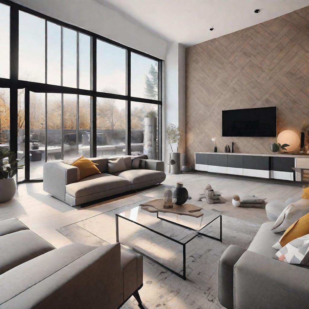  masterpiece, best quality, Best Quality, Masterpiece, 8k resolution,high resolution concept art of an apartment living room with floor to ceiling windows and modern furniture