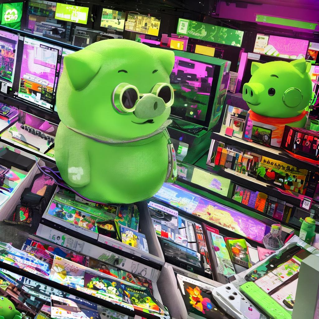  Masterpiece, best quality, green pig wearing headphones non-human, sunglasses,8bit games, glowing skin