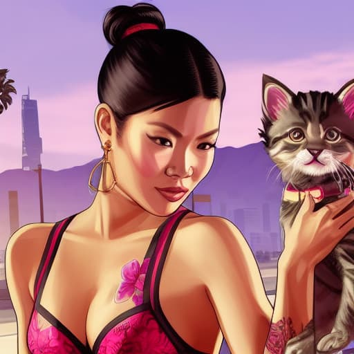  gtav style, artwork-gta5 heavily styilized, A cute Indonesian woman (((just wearing underwear))) ((pose with kitten's)) in a professional photo shoot , realistic, hyperdetailed , Best quality