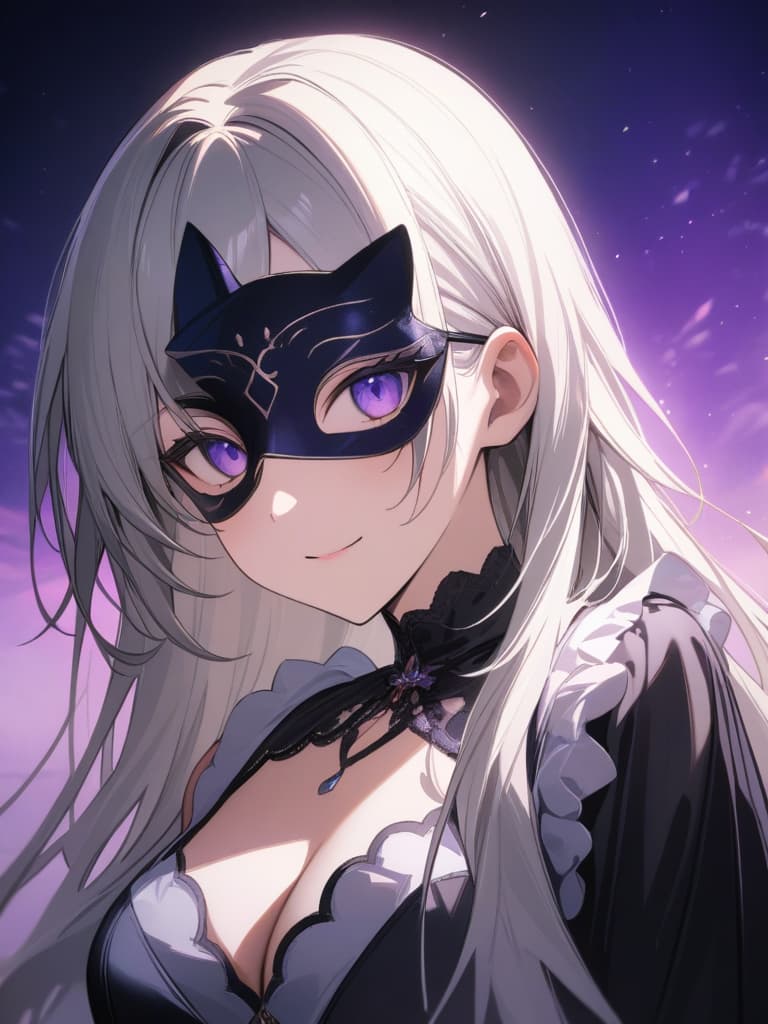  ultra detailed:1.2,masterpiece:1.2,best quality,masterpiece,bestquality,hdr:1.1,8k:1.1,very cute girl:1.3:upper body:1.5,(cat masquerade mask:1.4),(black gown:1.3),black lip:1.2,purple moon:1.4,star night:1.4,seductive smile:1.8,face focus:1.4, masterpiece, best quality,8k,ultra detailed,high resolution,an extremely delicate and beautiful,hyper detail