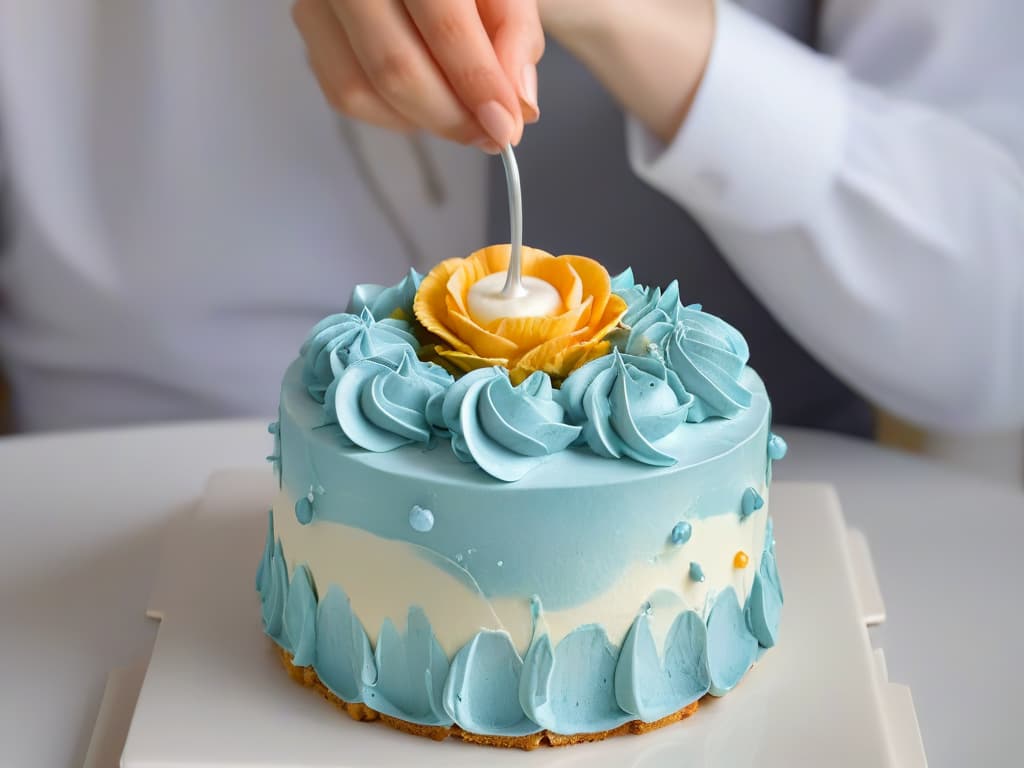  A closeup, ultradetailed image of a delicate pastry being intricately decorated with colorful icing, showcasing the precision and artistry involved in adapted baking for individuals with disabilities. The image captures the fine motor skills and creativity required, symbolizing empowerment and independence through pastry decoration. The minimalist style highlights the beauty and complexity of the process, emphasizing the transformative impact of adapted baking on individuals with disabilities. hyperrealistic, full body, detailed clothing, highly detailed, cinematic lighting, stunningly beautiful, intricate, sharp focus, f/1. 8, 85mm, (centered image composition), (professionally color graded), ((bright soft diffused light)), volumetric fog, trending on instagram, trending on tumblr, HDR 4K, 8K