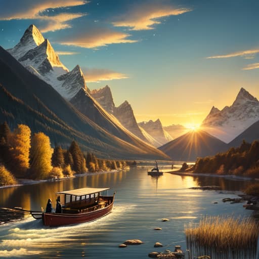  ink punk style of a boat late at midnight sailing along a river with mountains in the background, the sun has just risen, gold/yellowish colors peaceful, detailed, painting, clouds in the sky, snowy mountains, fish jumping out of the river, reeds by the bank of the river,