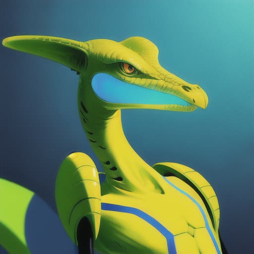  long necked reptile alien, wearing a choker collar glowing mixed colors of yellow and blue