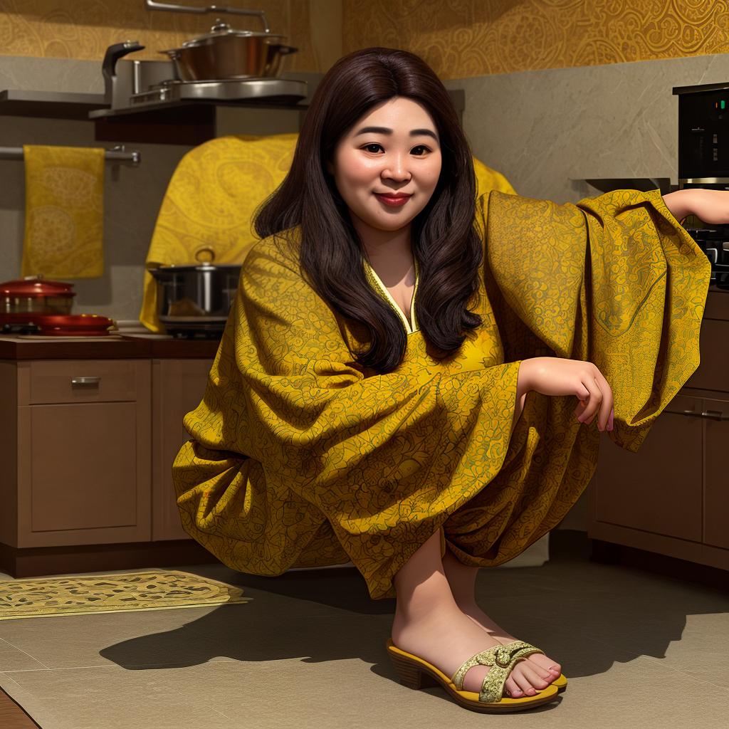  masterpiece, best quality, 3D caricature, best quality, very detailed, beautiful shadows, wallpaper, amazing photography of beautiful woman, elegant, big head, slightly fat body, wearing brown apron with silk hijab, yellow blouse, brown batik sarong with white flower motif,sandals, bring teflon,on a kitchen, very intricate, very detailed, bright colors, volumetric lighting, cinematic, photorealism, photo realistic, hard focus, smooth, depth of field.