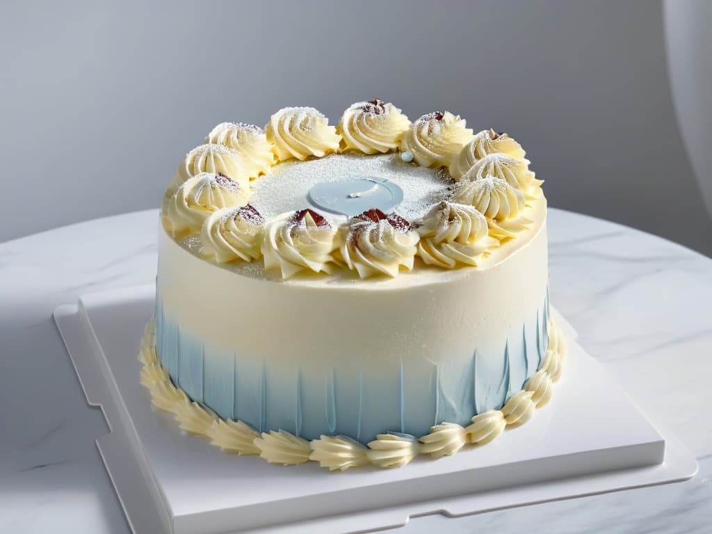  A highresolution image of a beautifully decorated cake with intricate frosting details, placed on a sleek, modern marble countertop. The cake is softly illuminated by a professional lighting setup, casting a gentle, shadowfree glow that highlights every curve and texture of the dessert. The background is a simple, elegant blur, focusing all attention on the exquisite craftsmanship of the pastry. hyperrealistic, full body, detailed clothing, highly detailed, cinematic lighting, stunningly beautiful, intricate, sharp focus, f/1. 8, 85mm, (centered image composition), (professionally color graded), ((bright soft diffused light)), volumetric fog, trending on instagram, trending on tumblr, HDR 4K, 8K