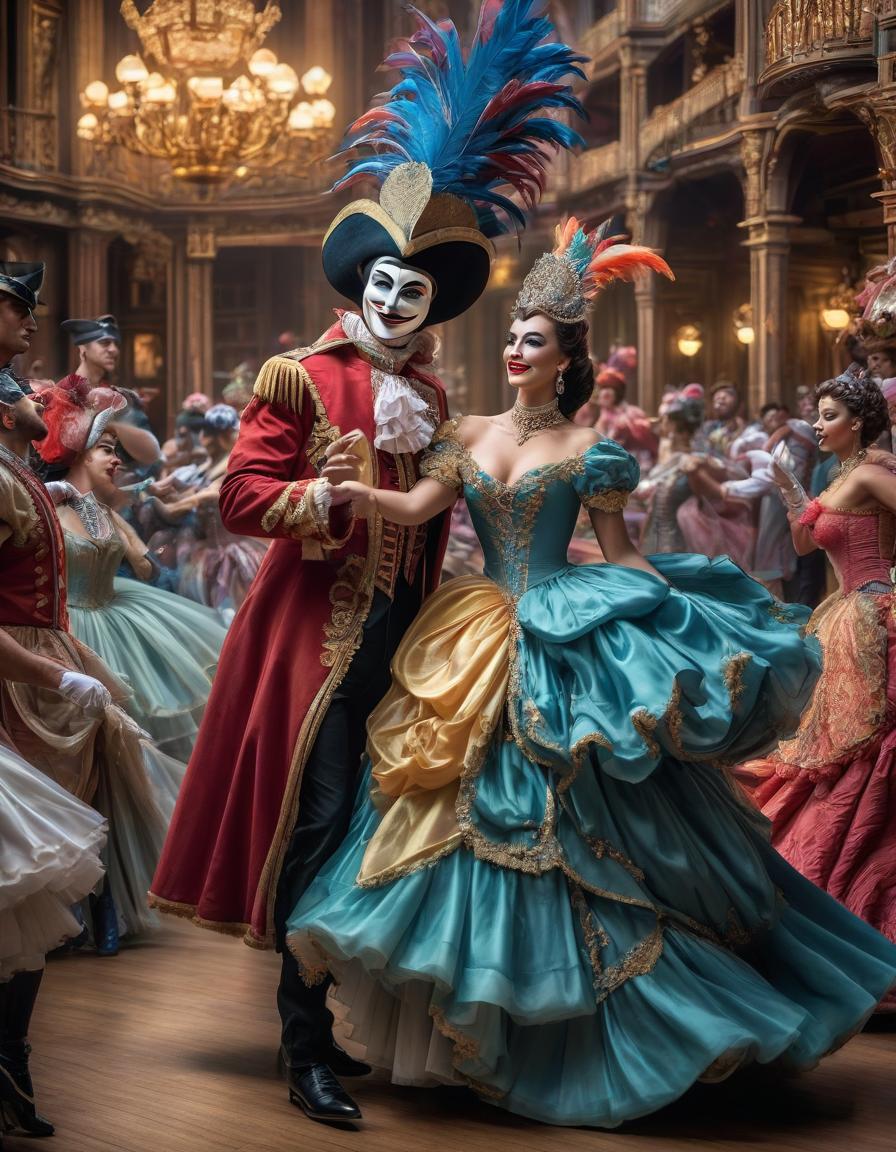  Vintage postcard with a full length image of a dancing Columbine woman in a carnival mask and elegant ball gown and a male jester in a Harlequin costume at a carnival. The background shows other dancers dancing around them, and their movements appear slightly blurred. In the style of a mid 20th century French poster hyperrealistic, full body, detailed clothing, highly detailed, cinematic lighting, stunningly beautiful, intricate, sharp focus, f/1. 8, 85mm, (centered image composition), (professionally color graded), ((bright soft diffused light)), volumetric fog, trending on instagram, trending on tumblr, HDR 4K, 8K