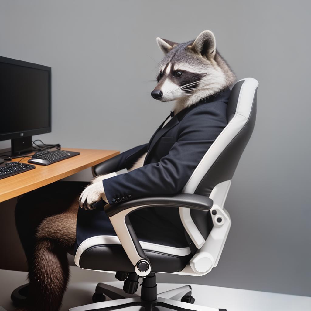  raccoon sitting in gaming chair front a computer on desktop, ((semi anthropomorphic)),(full body), tail, belly, sitting, fat, (chubby), (((white background))), solo, desktop, gaming chair, side view,  [[[clothes]]] hyperrealistic, full body, detailed clothing, highly detailed, cinematic lighting, stunningly beautiful, intricate, sharp focus, f/1. 8, 85mm, (centered image composition), (professionally color graded), ((bright soft diffused light)), volumetric fog, trending on instagram, trending on tumblr, HDR 4K, 8K