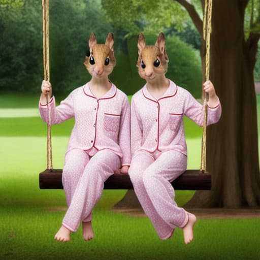  2 squirrels in pyjamas on a swing