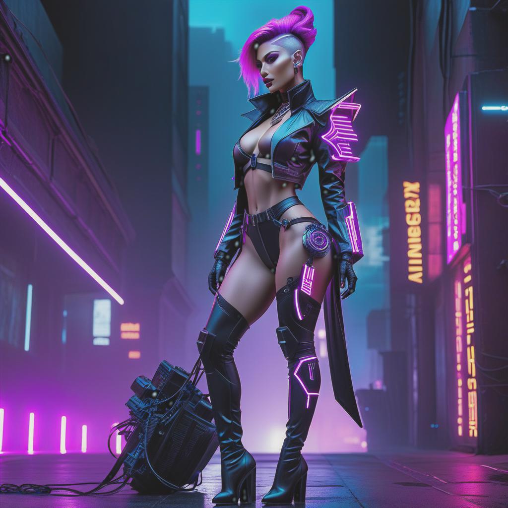  neonpunk style A cyber elf in full growth. . cyberpunk, vaporwave, neon, vibes, vibrant, stunningly beautiful, crisp, detailed, sleek, ultramodern, magenta highlights, dark purple shadows, high contrast, cinematic, ultra detailed, intricate, professional hyperrealistic, full body, detailed clothing, highly detailed, cinematic lighting, stunningly beautiful, intricate, sharp focus, f/1. 8, 85mm, (centered image composition), (professionally color graded), ((bright soft diffused light)), volumetric fog, trending on instagram, trending on tumblr, HDR 4K, 8K