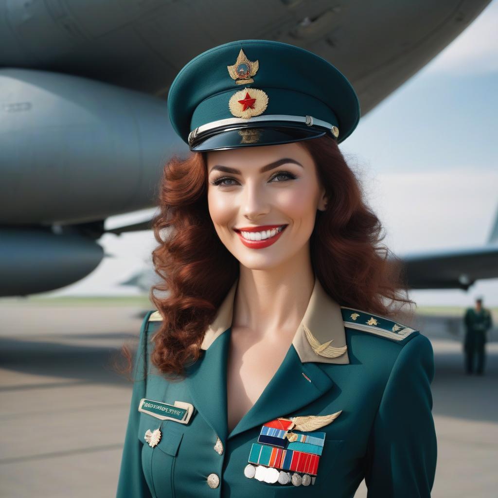  (Stunning, 30 yea Caucasian woman in an Soviet Air Force uniform, elegant, smart, smiles ly, magnificent s, tall, long legged, She has lush dark red long curly hair, fresh and emphasizing the beauty of the defiant makeup and emerald eyes. From under the frivolously unoned uniform dark blue with silver hardware, large open neckline, with epaulettes of lieutenant, tunic, a beautiful and expensive red black satin corset with lace trim, from under the short dark blue uniform can be seen red garters and black fishnet highly visible stockings with red lace, on her feet elegant red high heeled shoes. A behind her and outside the airfield is parked a clic Soviet car of the 80's. In the backgrou hyperrealistic, full body, detailed clothing, highly detailed, cinematic lighting, stunningly beautiful, intricate, sharp focus, f/1. 8, 85mm, (centered image composition), (professionally color graded), ((bright soft diffused light)), volumetric fog, trending on instagram, trending on tumblr, HDR 4K, 8K