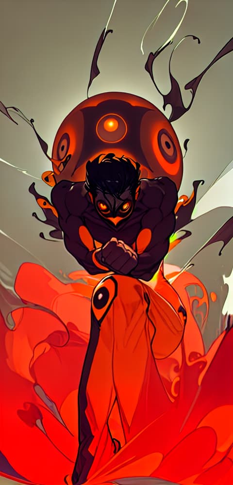  a dark skin guy floating on the air Orange suit black face mask orange eye balls orange ball of light engulfing is to fists