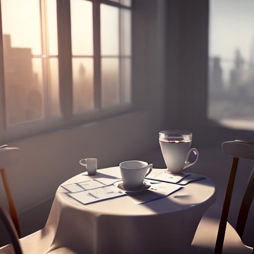 redshift style Futuristic style. Deck of cards and cup of tea over white table. Sunset through a window with a city view. White and soft tones.