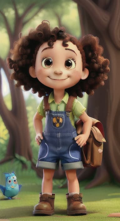  {The tree with a smiling face formed by its bark, looking down at Riley., Riley, a curious with big brown eyes and curly hair, wearing overalls and carrying a small backpack. Their friend, Skye, a bluebird with shiny feathers.