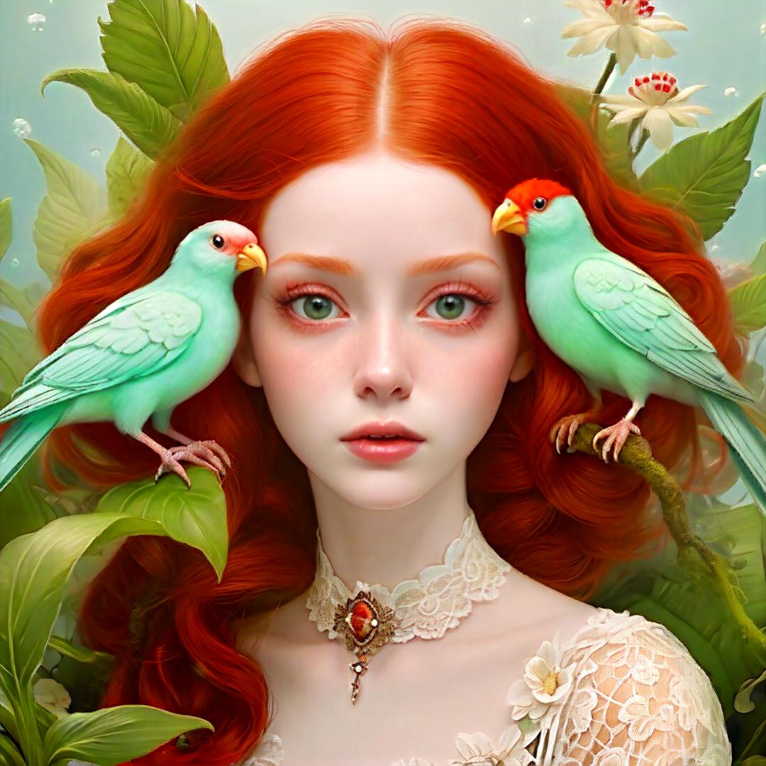  Woman red hair, Close up good friends are like stars - you don't always see them, but you know they are there, ray caesar inspired image, in the office working girls, exotic birds, house-plants, underwater, lace. Terrariums, flowers, perfect eyes, , Highly defined, highly detailed, sharp focus, (centered image composition), 4K, 8K
