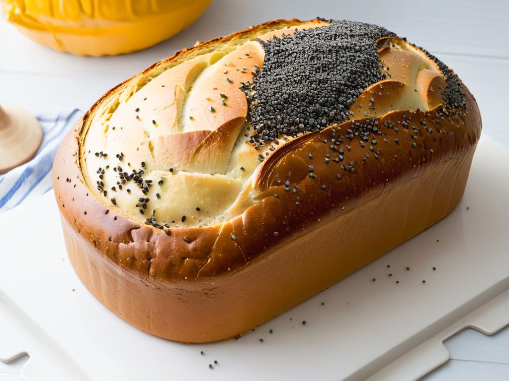  A closeup, highresolution image of a freshly baked loaf of bread sprinkled with a precise arrangement of tiny, black poppy seeds on its golden crust. The seeds are delicately balanced, enhancing the visual appeal of the bread and showcasing the texture and flavor that poppy seeds can add to baked goods. The minimalistic style highlights the simplicity and elegance of this ingredient, inviting readers to explore its use in their own baking creations. hyperrealistic, full body, detailed clothing, highly detailed, cinematic lighting, stunningly beautiful, intricate, sharp focus, f/1. 8, 85mm, (centered image composition), (professionally color graded), ((bright soft diffused light)), volumetric fog, trending on instagram, trending on tumblr, HDR 4K, 8K