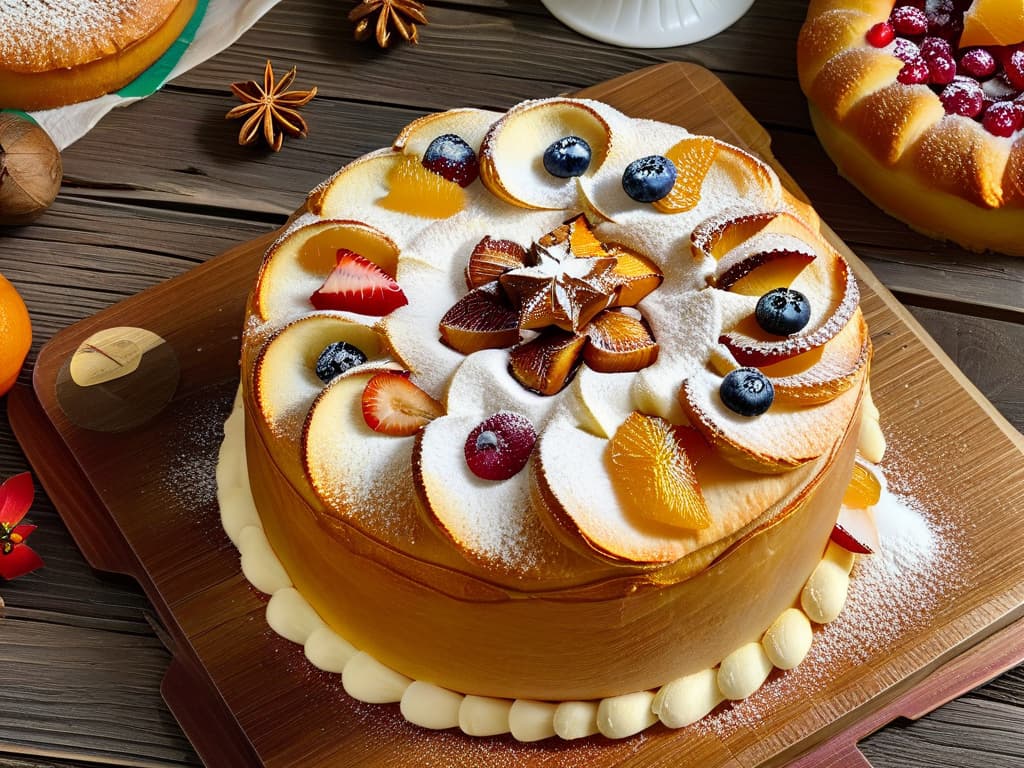  An intricately decorated glutenfree Roscón de Reyes (Three Kings Cake) placed on a rustic wooden table, adorned with colorful candied fruits, slivered almonds, and a light dusting of powdered sugar. The cake is beautifully shaped, with a goldenbrown crust, and a section has been sliced out to reveal a soft, airy crumb filled with creamy pastry cream. A background of festive decorations and a warm, inviting ambiance enhance the traditional and delicious nature of this Spanish dessert. hyperrealistic, full body, detailed clothing, highly detailed, cinematic lighting, stunningly beautiful, intricate, sharp focus, f/1. 8, 85mm, (centered image composition), (professionally color graded), ((bright soft diffused light)), volumetric fog, trending on instagram, trending on tumblr, HDR 4K, 8K