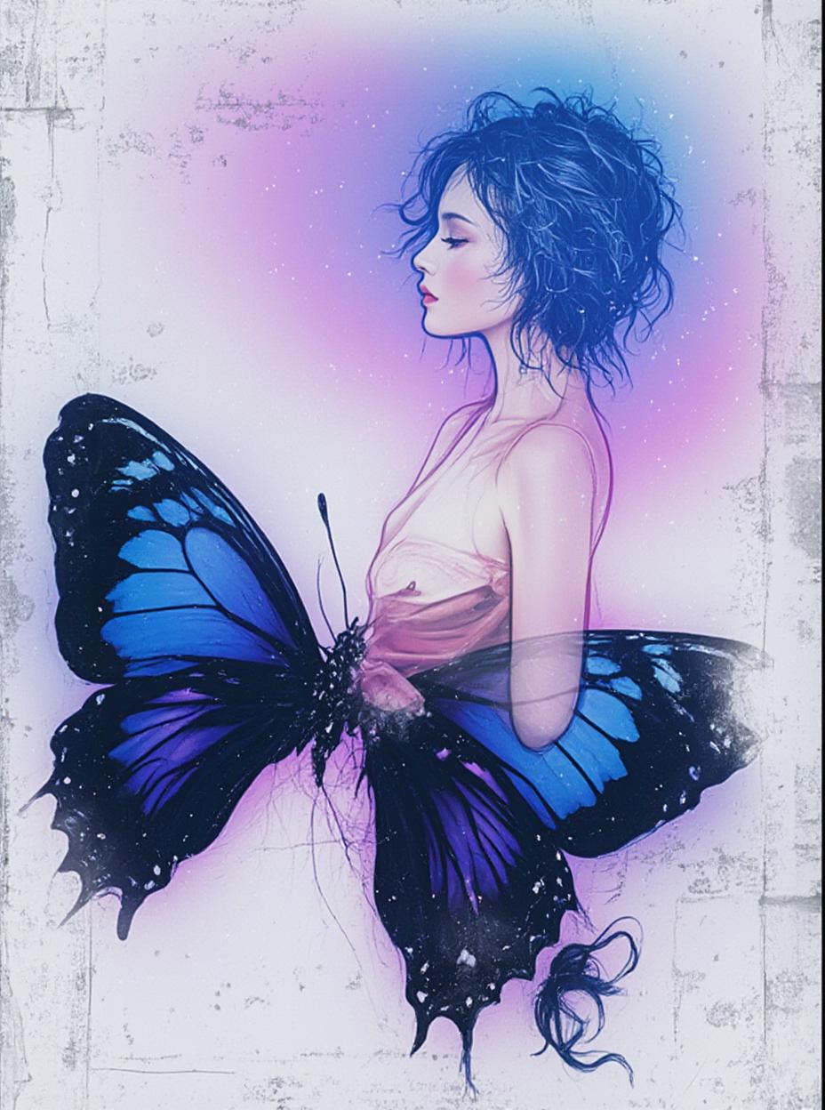  good quality, high quality, image of a fairy, profile, with butterfly wings, sitting with legs to the side, neon pastel pink and blue tones, grainy vintage style