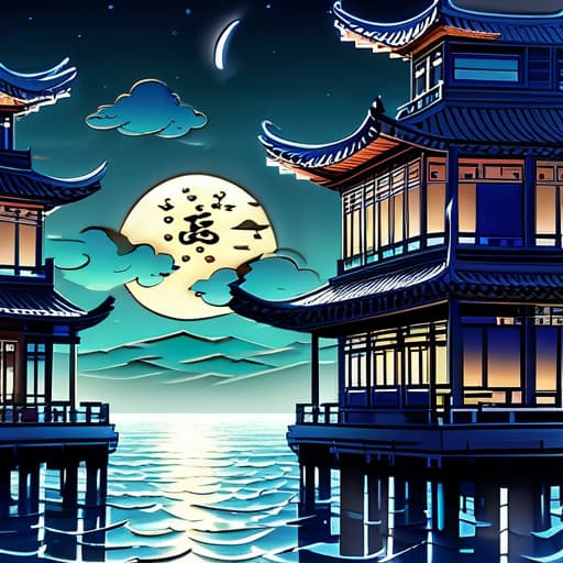  The bright moonlight shines through the clouds, the bottom left part of the picture is an ancient Chinese architecture, below the moon is (sea, detailed sea ripples, night scene, light particle effect, excellent work, extremely elaborate picture description,8k wallpaper, ink painting style, obvious light and shadow effects, ray tracing, obvious layers, depth of field, best quality, <lora:WDR scenery1.0:0.8>