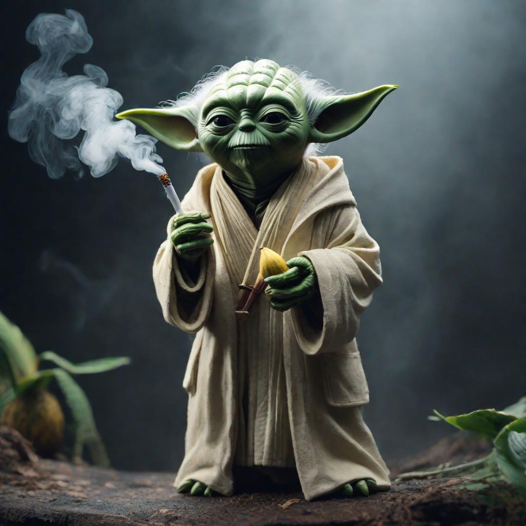  yoda smoking a banana wearing rasa, cute, hyper detail, full HD hyperrealistic, full body, detailed clothing, highly detailed, cinematic lighting, stunningly beautiful, intricate, sharp focus, f/1. 8, 85mm, (centered image composition), (professionally color graded), ((bright soft diffused light)), volumetric fog, trending on instagram, trending on tumblr, HDR 4K, 8K