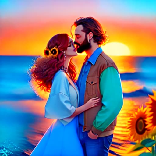 in OliDisco style woman with red hair and emerald green eyes and white dress with sunflowers, man with brown hair and beard with blue eyes denim jacket, couple embracing in front of the ocean at night. Realistic