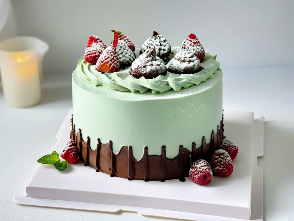  A closeup, ultrahighresolution image of a decadent vegan chocolate cake topped with fresh raspberries and mint leaves, set on a sleek, modern white cake stand. The cake is perfectly frosted, with intricate swirls and delicate piping details, showcasing a glossy, smooth finish. The vibrant red of the raspberries contrasts beautifully with the rich, dark chocolate, and the fresh green mint leaves add a pop of color. The lighting is soft and focused, highlighting the textures and colors of the cake, creating a visually stunning and mouthwatering centerpiece for any vegan baking enthusiast. hyperrealistic, full body, detailed clothing, highly detailed, cinematic lighting, stunningly beautiful, intricate, sharp focus, f/1. 8, 85mm, (centered image composition), (professionally color graded), ((bright soft diffused light)), volumetric fog, trending on instagram, trending on tumblr, HDR 4K, 8K