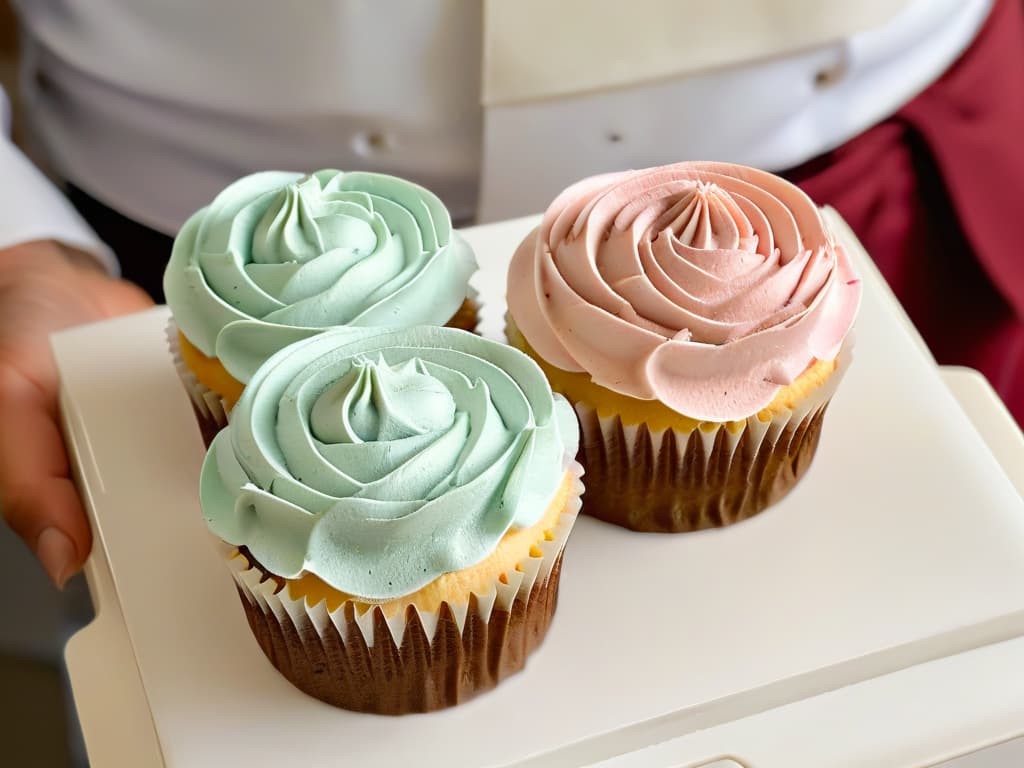  An ultradetailed closeup image of a chef's hands delicately piping intricate frosting swirls onto a perfectly frosted cupcake, showcasing the precision and artistry involved in pastry decoration. The focus is on the chef's hands and the cupcake, highlighting the fine details of the piping work and the smooth texture of the frosting. The color palette is elegant and minimalistic, with soft pastel hues that complement the sophisticated tone of the article. hyperrealistic, full body, detailed clothing, highly detailed, cinematic lighting, stunningly beautiful, intricate, sharp focus, f/1. 8, 85mm, (centered image composition), (professionally color graded), ((bright soft diffused light)), volumetric fog, trending on instagram, trending on tumblr, HDR 4K, 8K