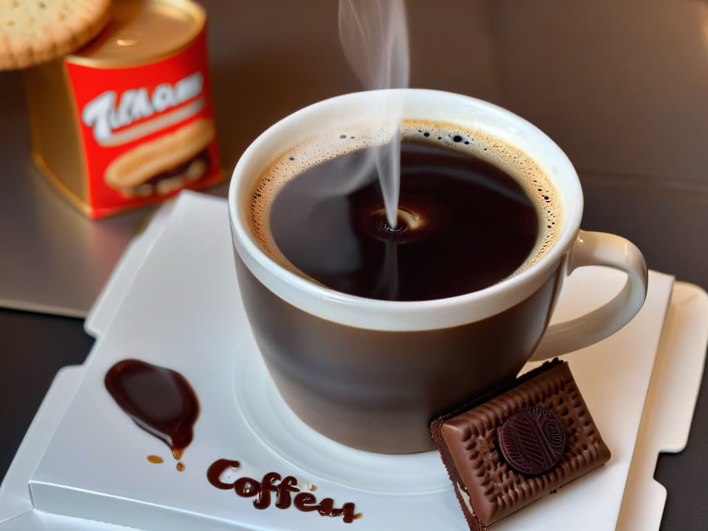  A closeup, photorealistic image of a perfectly brewed cup of hot coffee, steam gently rising, next to a Tim Tam biscuit held delicately between two fingers, chocolate coating glistening under a soft light. The background is blurred, focusing all attention on the textures of the biscuit and the inviting warmth of the coffee, creating a sense of anticipation and indulgence. hyperrealistic, full body, detailed clothing, highly detailed, cinematic lighting, stunningly beautiful, intricate, sharp focus, f/1. 8, 85mm, (centered image composition), (professionally color graded), ((bright soft diffused light)), volumetric fog, trending on instagram, trending on tumblr, HDR 4K, 8K