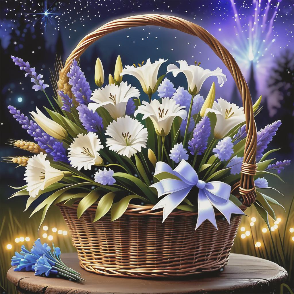  ethereal fantasy concept art of (Bouquet in a wicker basket). The handle of the basket is decorated with a white satin bow with brown polka dots. In the basket is a floral composition: of wheat ears, white and blue carnations, flowers, lavender and in the centre of the bouquet one white lily. (Background):night starry sky with flashes of fireworks. Style:fantasy, watercolour, landscape still life genre. . magnificent, celestial, ethereal, painterly, epic, majestic, magical, fantasy art, cover art, dreamy hyperrealistic, full body, detailed clothing, highly detailed, cinematic lighting, stunningly beautiful, intricate, sharp focus, f/1. 8, 85mm, (centered image composition), (professionally color graded), ((bright soft diffused light)), volumetric fog, trending on instagram, trending on tumblr, HDR 4K, 8K