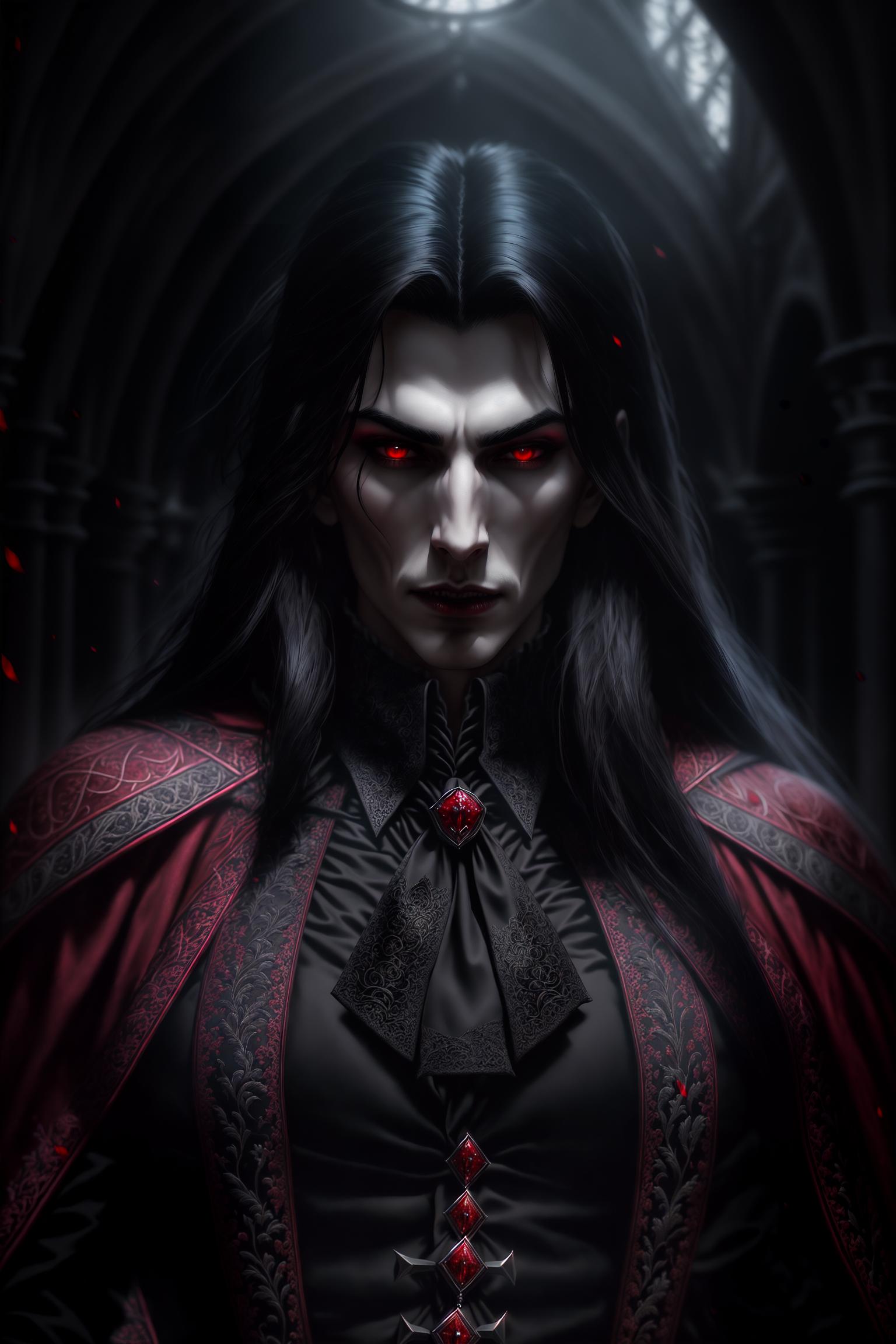 Dracula, (vampire characteristics:1.2), (pale and mysterious), (eyes may be red or dark black), (sharp fangs), (noble attire:1.0), (as a noble vampire), (wearing elaborate medieval European style clothing), (robes), (waistcoats), (high boots), (long hair and sharp claws:1.0), (possessing black long hair), (sharp and elongated fingernails to enhance his sinister image), (bloodstains:0.8), (fresh bloodstains at the corners of the mouth or on the chin to enhance his bloodthirsty nature), (dark castle:1.2), (main scene is a dark and solemn castle), (filled with Gothic architectural elements), (spires), (large windows), (intricate porch carvings), (nighttime setting:1.0), (story set at night), (using moonlight and starlight as the only light sou hyperrealistic, full body, detailed clothing, highly detailed, cinematic lighting, stunningly beautiful, intricate, sharp focus, f/1. 8, 85mm, (centered image composition), (professionally color graded), ((bright soft diffused light)), volumetric fog, trending on instagram, trending on tumblr, HDR 4K, 8K