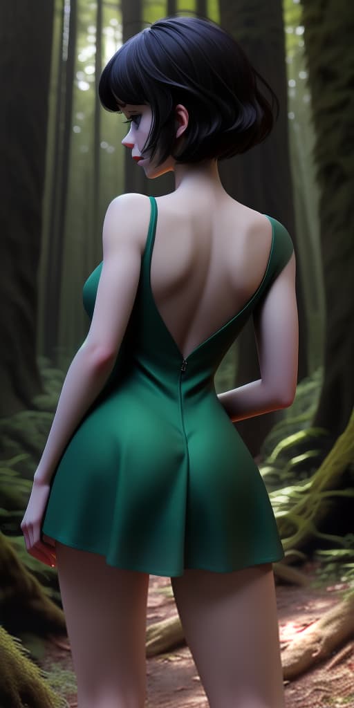  -, in a short dress, her visible, her back, in the forest