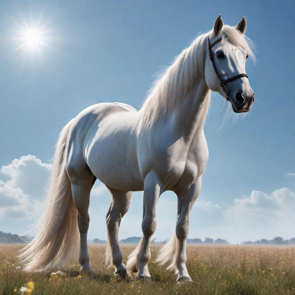  A beautiful and majestic horse standing gracefully in a field under the clear blue sky, with its mane flowing in the wind. hyperrealistic, full body, detailed clothing, highly detailed, cinematic lighting, stunningly beautiful, intricate, sharp focus, f/1. 8, 85mm, (centered image composition), (professionally color graded), ((bright soft diffused light)), volumetric fog, trending on instagram, trending on tumblr, HDR 4K, 8K