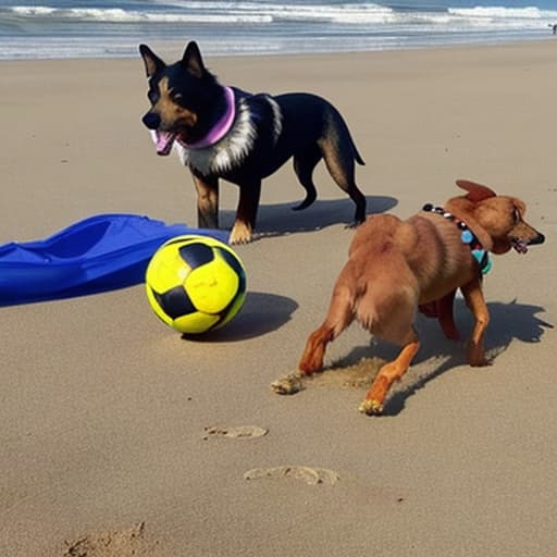  dos cachorros de perro de raza san bernando jugando en la playa con un balón de fútbol,mientra una chica corre detrás de ellos con un collar de perro. Imagen graciosa.