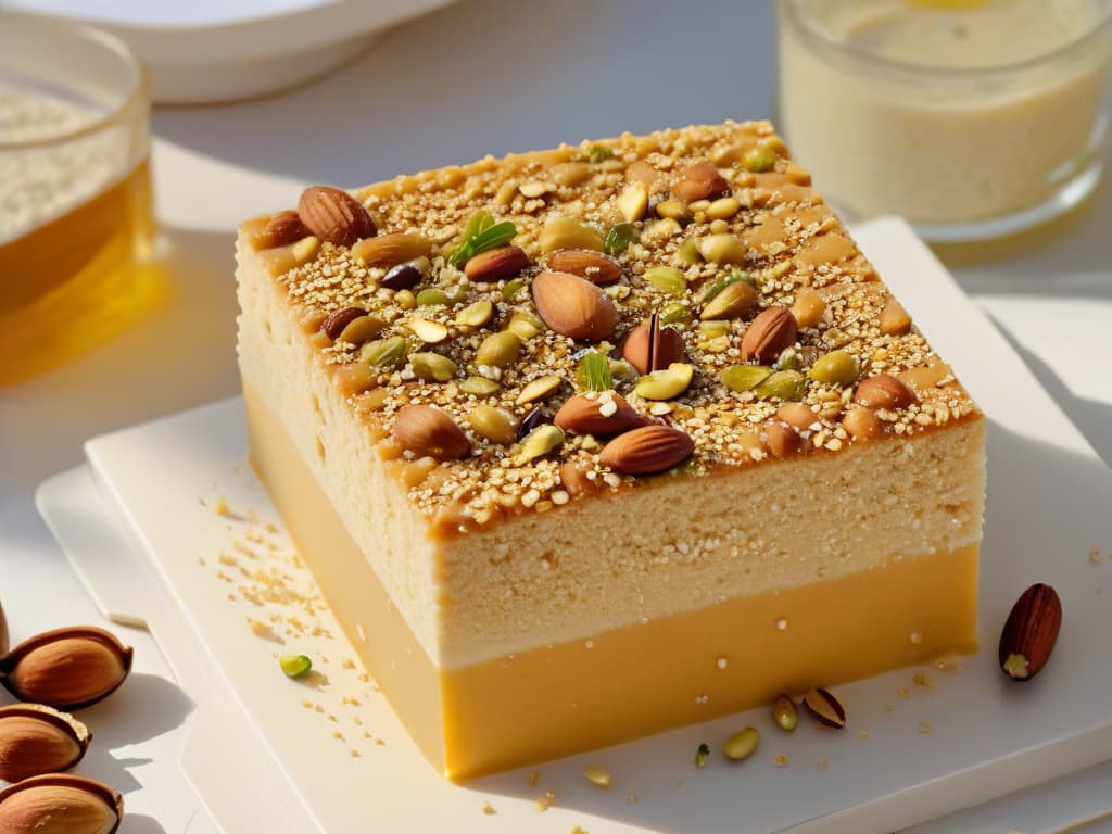  A serene and elegant closeup image of a freshly made halva de sésamo, showcasing the intricate layers of sesame seeds, honey, and nuts glistening under soft, natural lighting. The halva is perfectly cut into neat squares, revealing a smooth and glossy texture, with a sprinkle of crushed pistachios on top adding a pop of color and contrast. The background is a subtle gradient of warm earth tones, enhancing the simple yet sophisticated presentation of this traditional sweet treat reinvented for modern dessert enthusiasts. hyperrealistic, full body, detailed clothing, highly detailed, cinematic lighting, stunningly beautiful, intricate, sharp focus, f/1. 8, 85mm, (centered image composition), (professionally color graded), ((bright soft diffused light)), volumetric fog, trending on instagram, trending on tumblr, HDR 4K, 8K