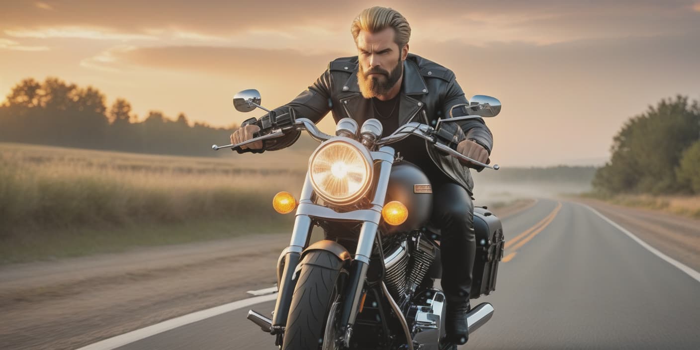  Frame beside. A stern man on a motorcycle rides along a country road at sunset. He has light hair and a small beard. He's wearing a leather jacket. He has a biker ring on his finger. The motorcycle is a Harley Davidson. High speed. [Extremely strong motion blur:1.5], evening. hyperrealistic, full body, detailed clothing, highly detailed, cinematic lighting, stunningly beautiful, intricate, sharp focus, f/1. 8, 85mm, (centered image composition), (professionally color graded), ((bright soft diffused light)), volumetric fog, trending on instagram, trending on tumblr, HDR 4K, 8K