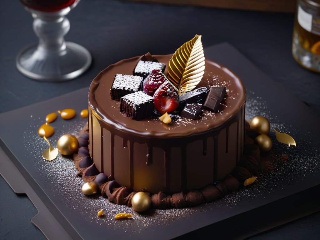  An image of a sleek, modern chocolate dessert with vibrant, contrasting colors and intricate geometric patterns on a pristine white plate. The dessert is delicately drizzled with glossy chocolate sauce, adorned with a delicate gold leaf, and placed on a black slate surface, exuding an air of sophistication and creativity. The play of light and shadow highlights the dessert's textures and artistic presentation, inviting the viewer to indulge in a bold chocolate experience. hyperrealistic, full body, detailed clothing, highly detailed, cinematic lighting, stunningly beautiful, intricate, sharp focus, f/1. 8, 85mm, (centered image composition), (professionally color graded), ((bright soft diffused light)), volumetric fog, trending on instagram, trending on tumblr, HDR 4K, 8K